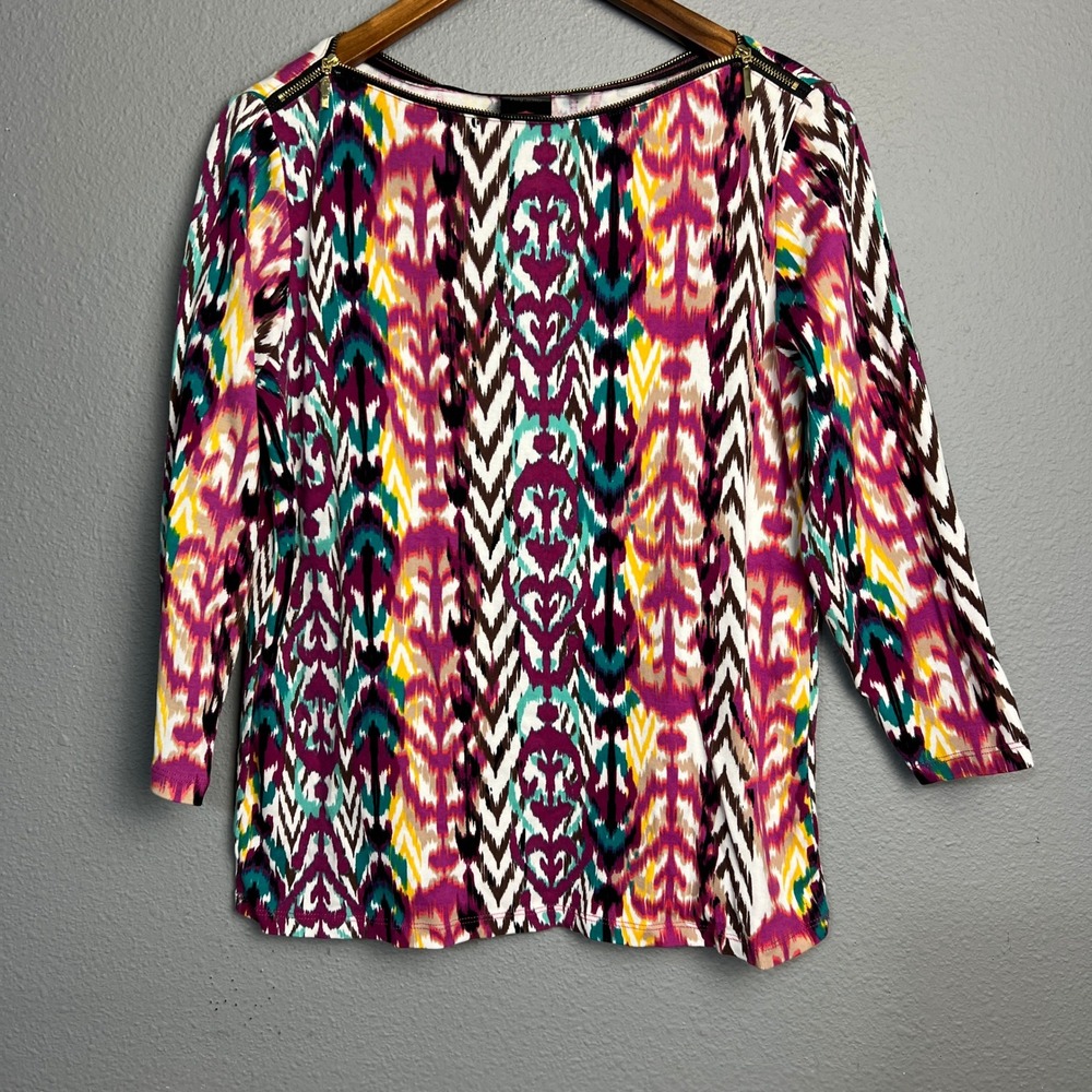 Rafaella‎ Womens Top L Long Sleeve Artsy Colorful Ikat Print Zip Shoulder Detail